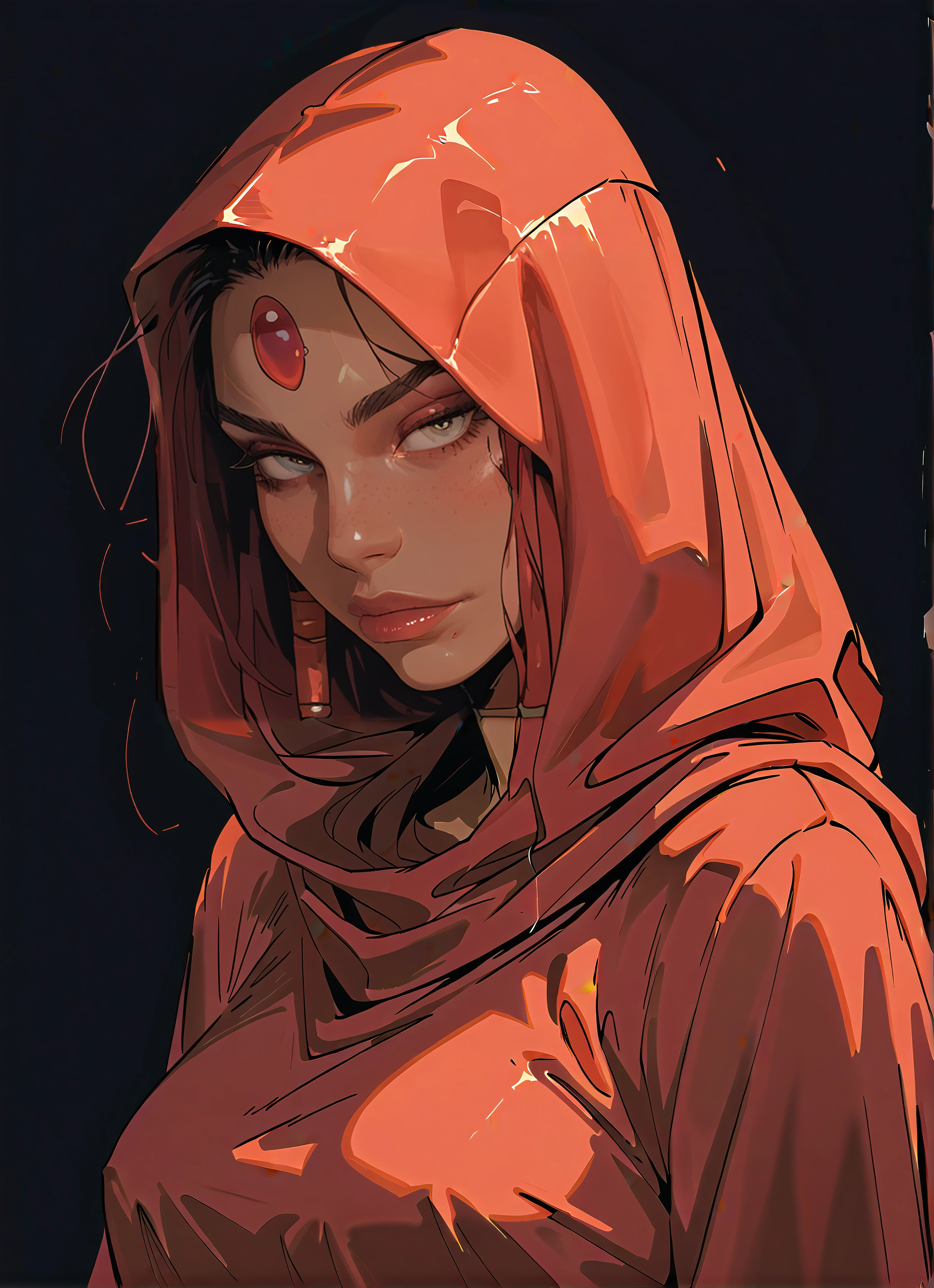 1girl, solo, hood, dark-skinned female, dark skin, forehead jewel · Yamete.gg
