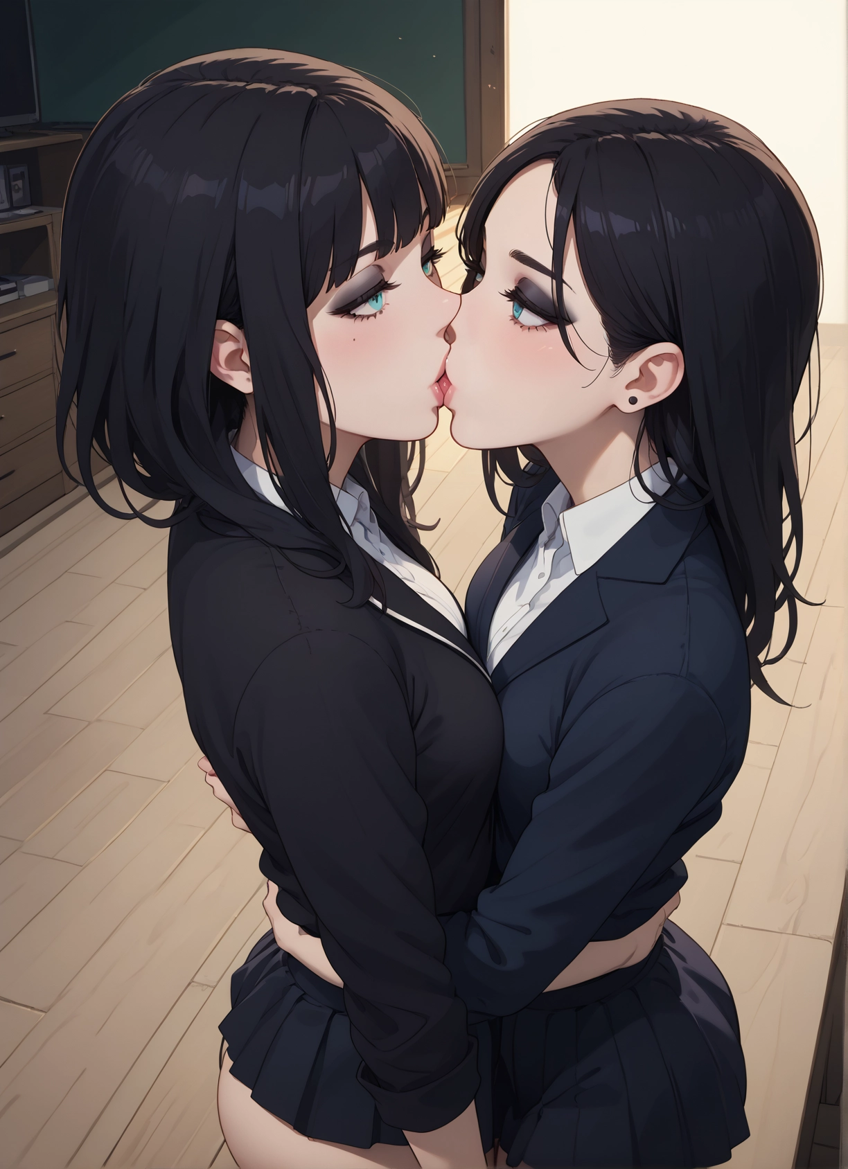 multiple girls, 2girls, yuri, skirt, kiss, mole · Yamete.gg
