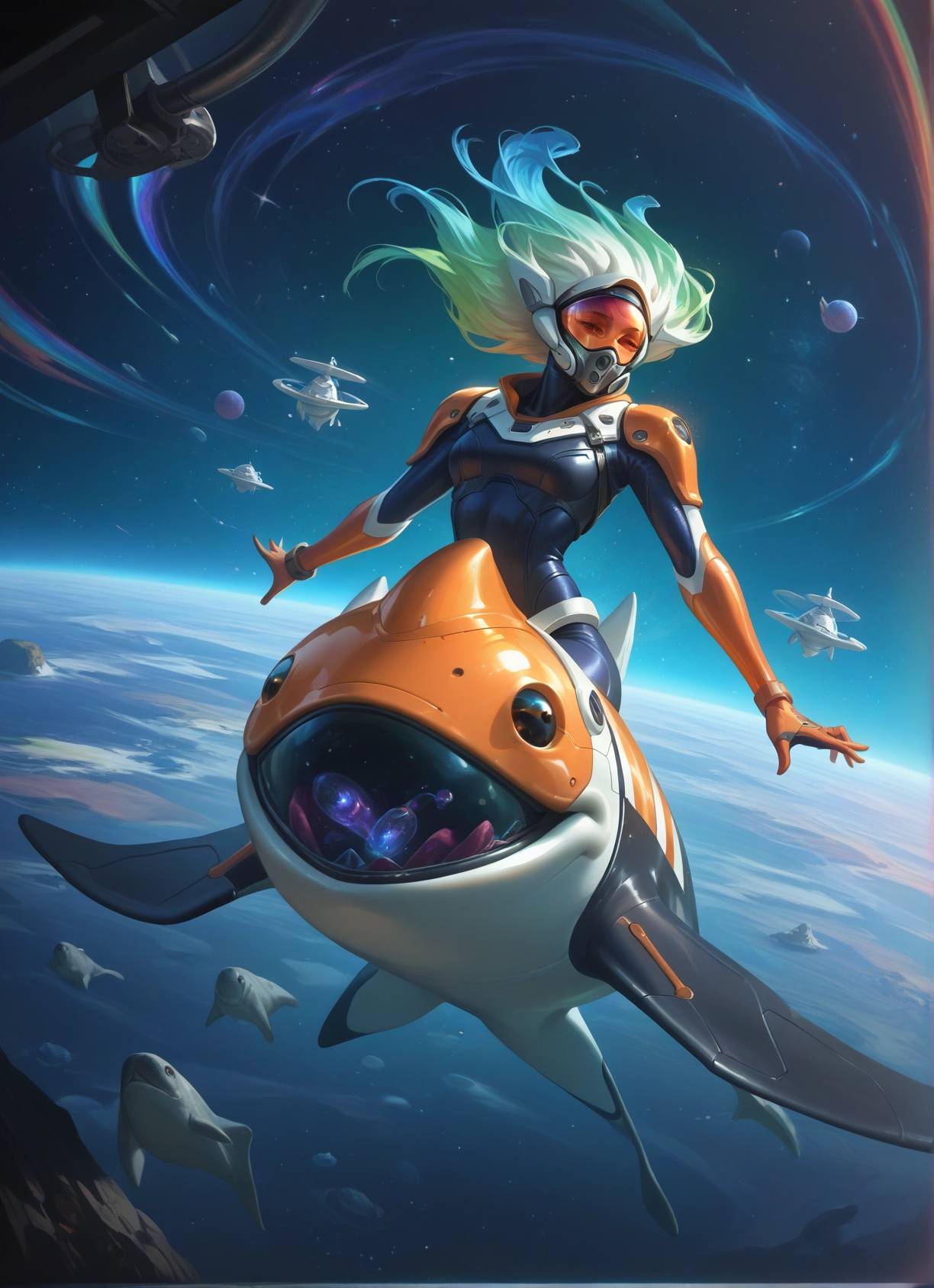 1girl, space, planet, solo, earth (planet), bodysuit