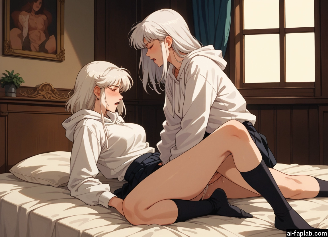 futanari, skirt, hood, closed eyes, hoodie, blush