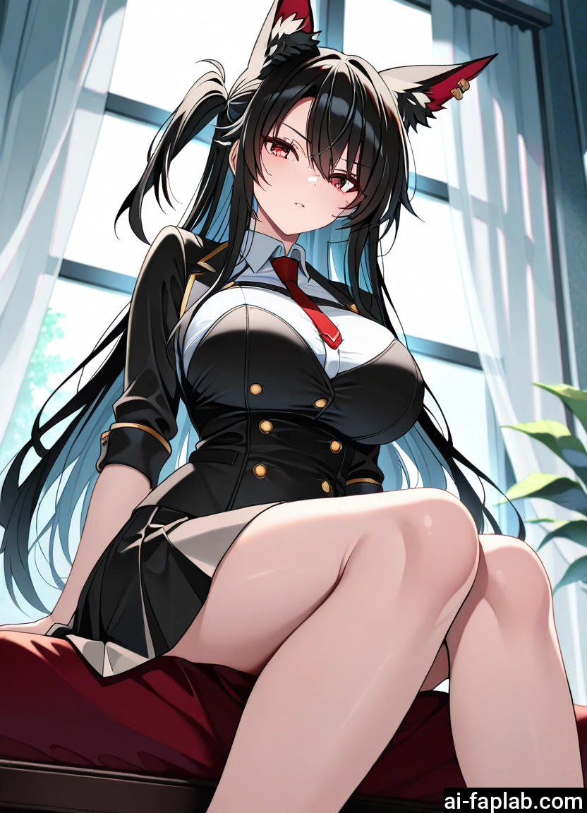 1girl, breasts, animal ears, long hair, solo, black hair