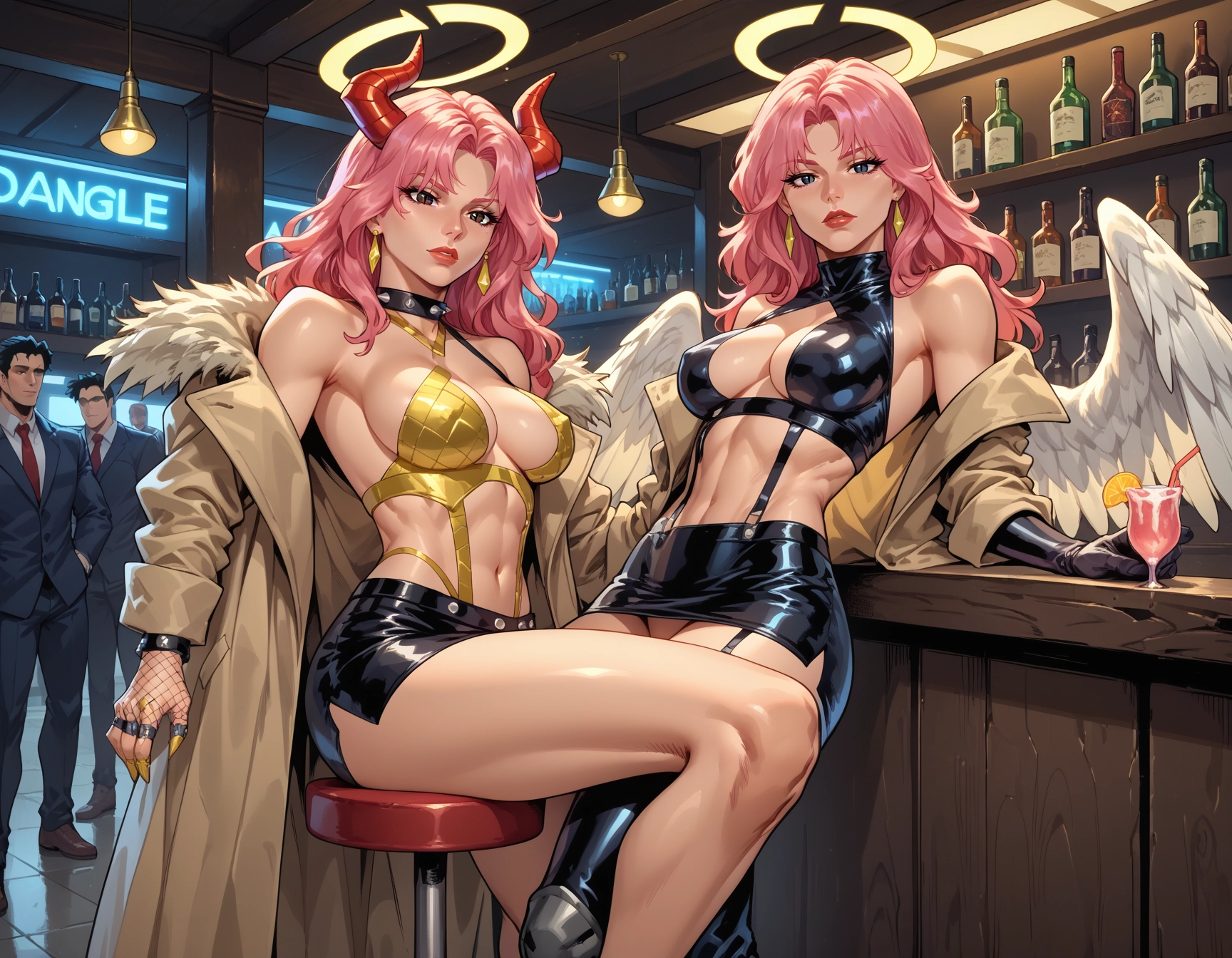 pink hair, stool, bar (place), breasts, jewelry, earrings · Yamete.gg