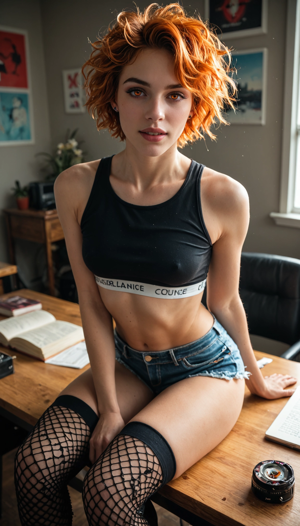 1girl, shorts, solo, realistic, sitting, thighhighs · Yamete.gg