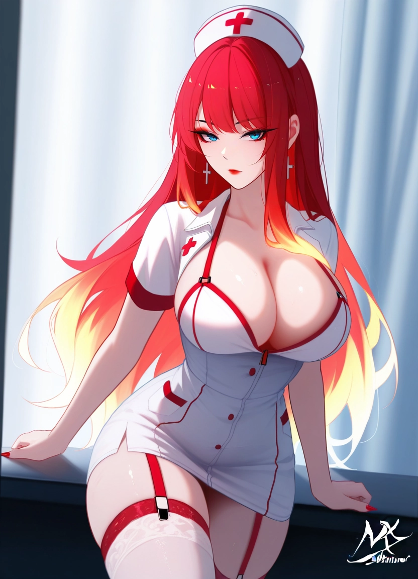 1girl, breasts, nurse, red nails, nurse cap, solo · Yamete.gg