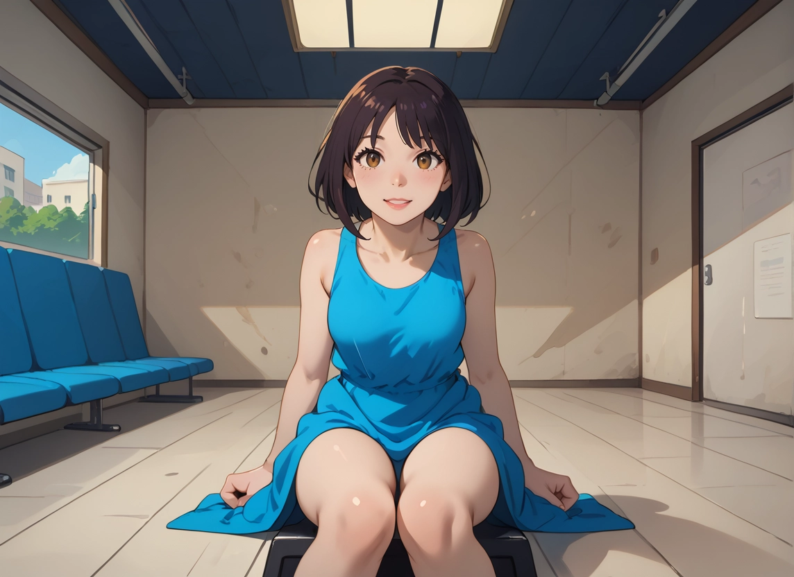 1girl, solo, dress, sitting, looking at viewer, blue dress · Yamete.gg
