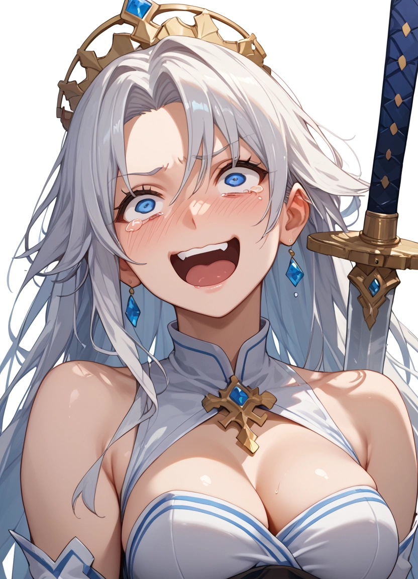 1girl, breasts, weapon, blue eyes, sword, jewelry · Yamete.gg
