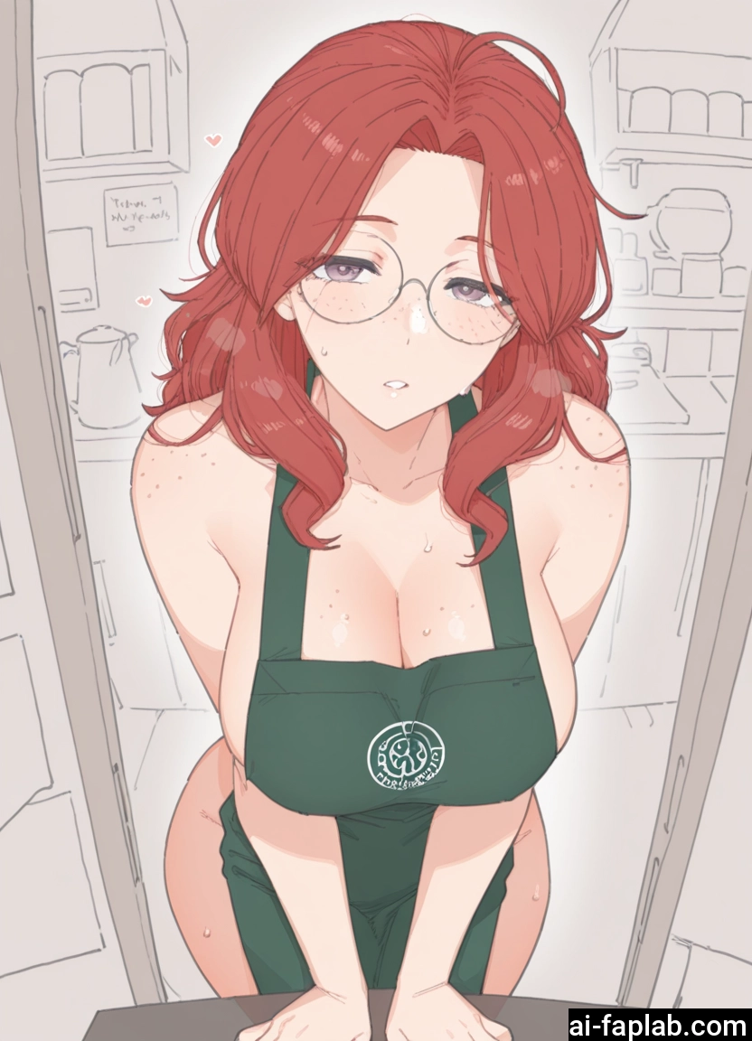 1girl, breasts, glasses, apron, naked apron, freckles