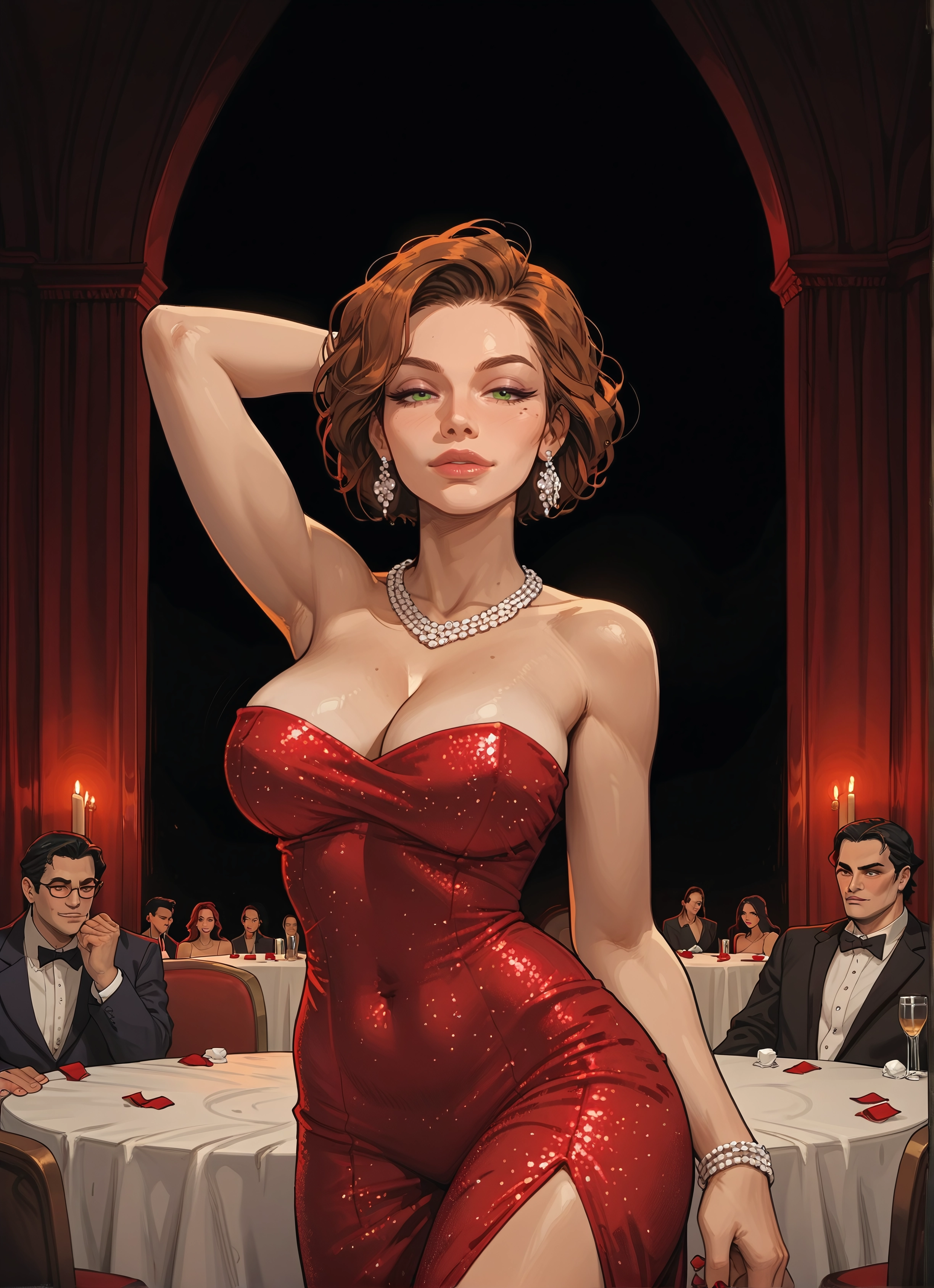 breasts, dress, jewelry, green eyes, earrings, cleavage · Yamete.gg