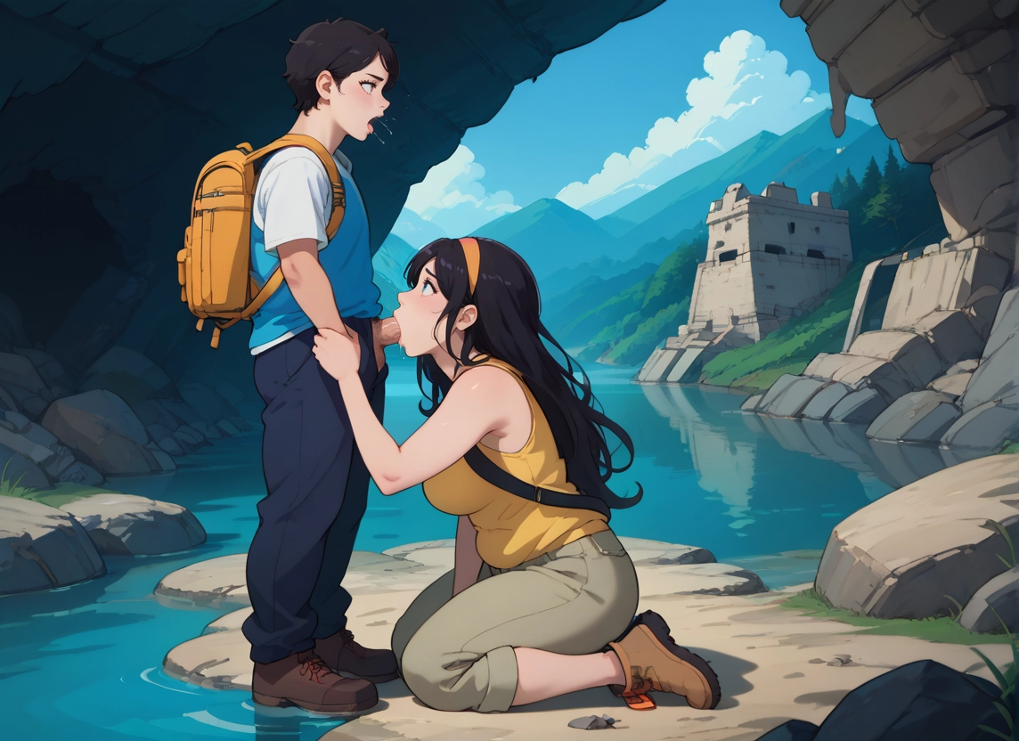 1girl, 1boy, backpack, breasts, hetero, penis