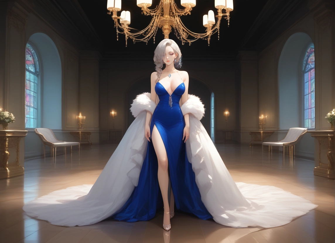 1girl, breasts, dress, jewelry, blue dress, cleavage · Yamete.gg
