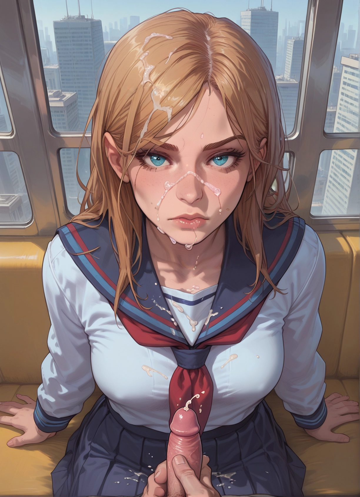 1girl, facial, penis, cum, school uniform, 1boy