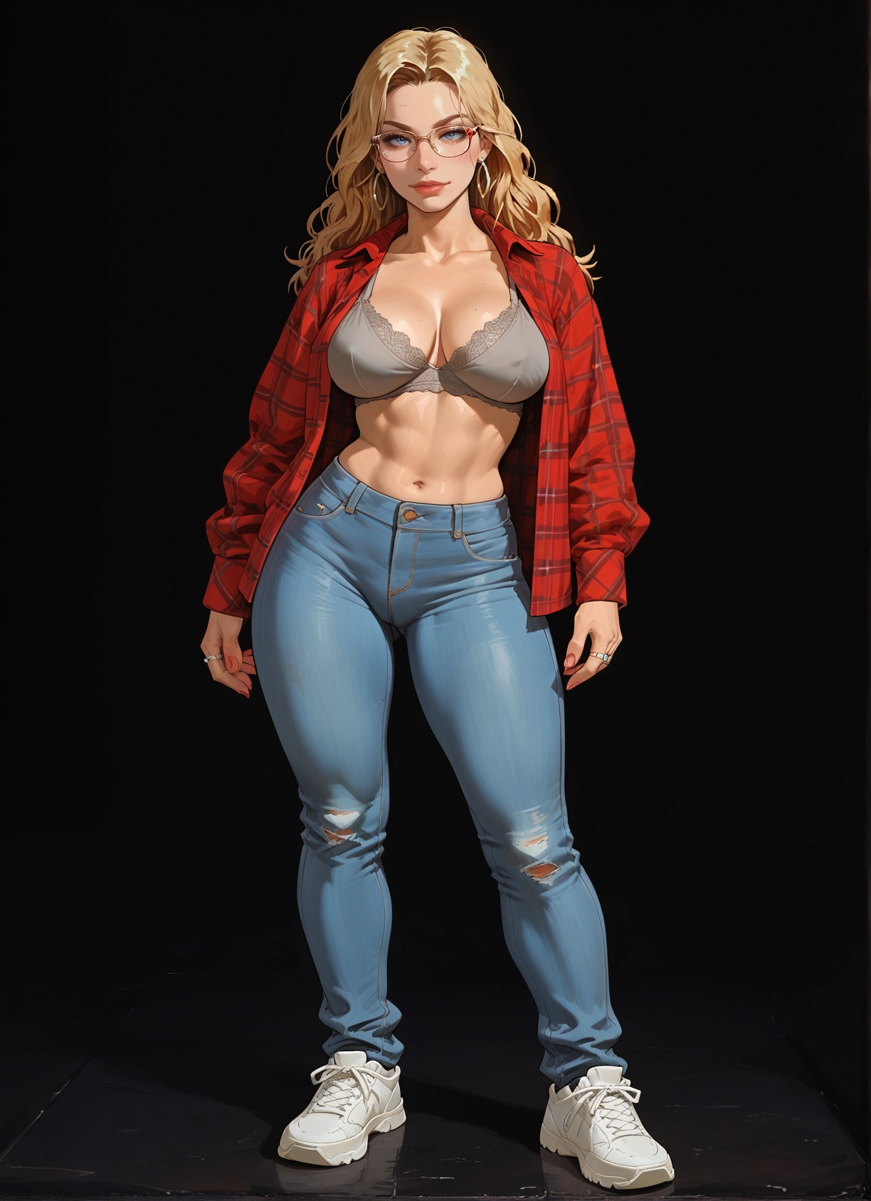 1girl, breasts, blonde hair, underwear, jewelry, pants · Yamete.gg