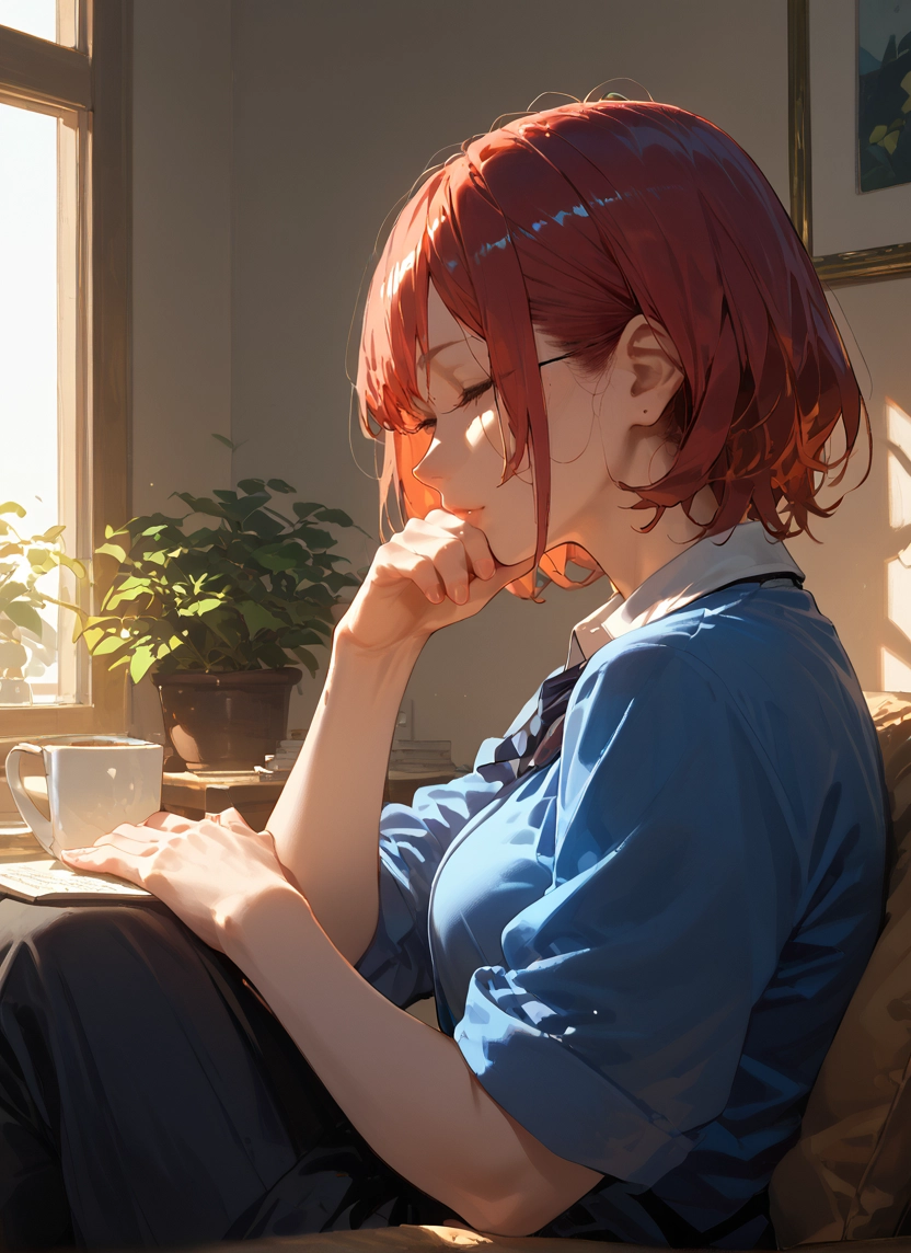 1girl, solo, closed eyes, cup, sitting, short hair · Yamete.gg