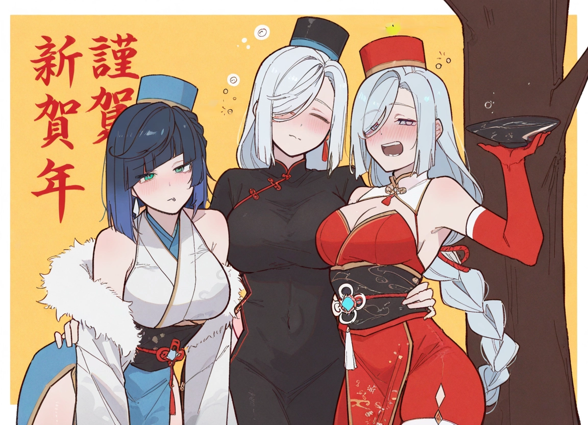 multiple girls, breasts, drunk, large breasts, gloves, long hair · Yamete.gg