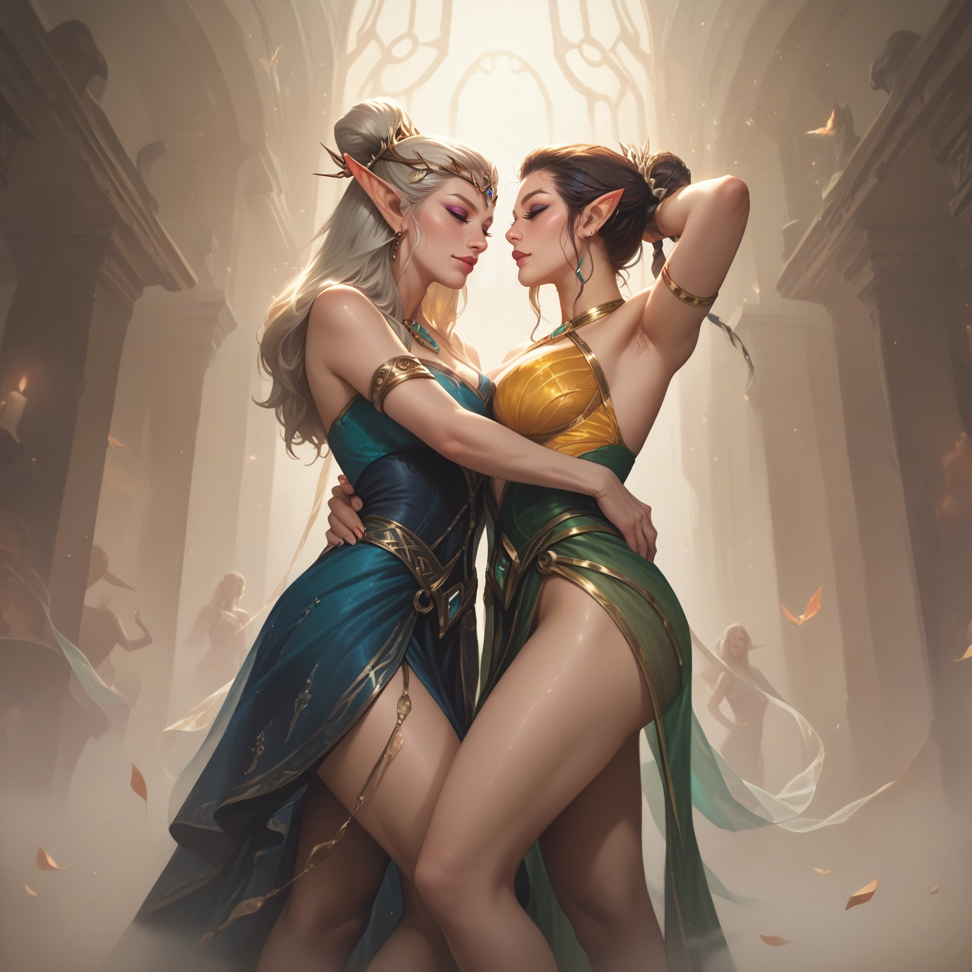 multiple girls, pointy ears, 2girls, breasts, dress, jewelry · Yamete.gg