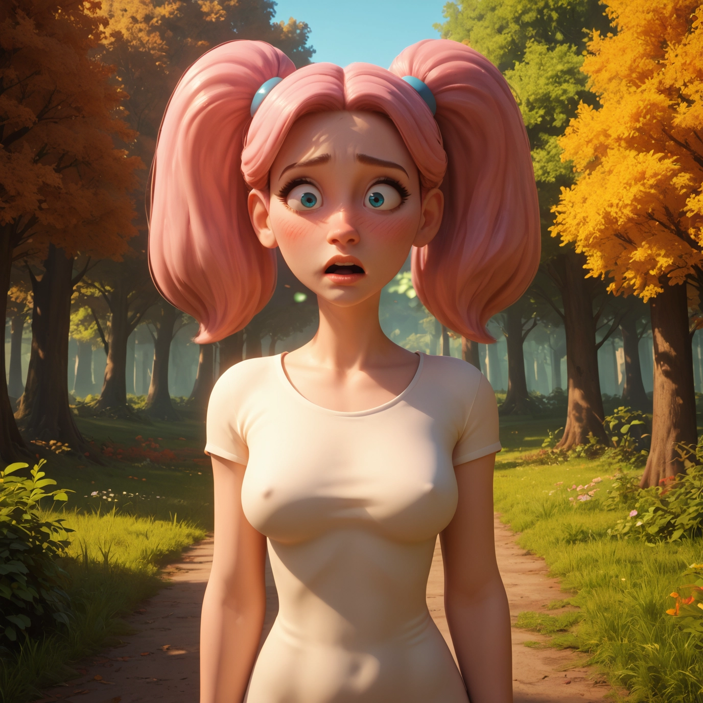 1girl, solo, breasts, twintails, covered nipples, outdoors · Yamete.gg