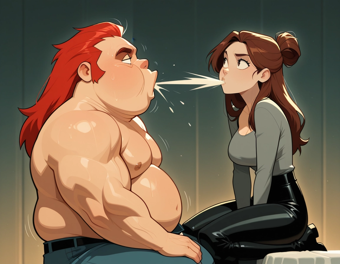1girl, 1boy, brown hair, pants, spitting, breasts · Yamete.gg