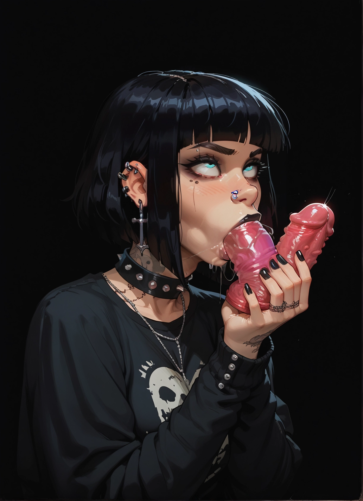 1girl, piercing, jewelry, black hair, sex toy, solo · Yamete.gg