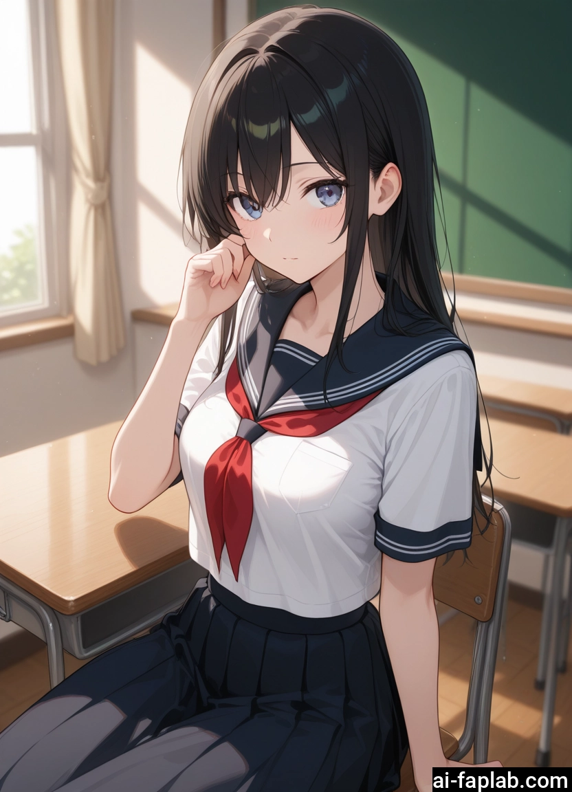 1girl, solo, skirt, school uniform, long hair, black hair