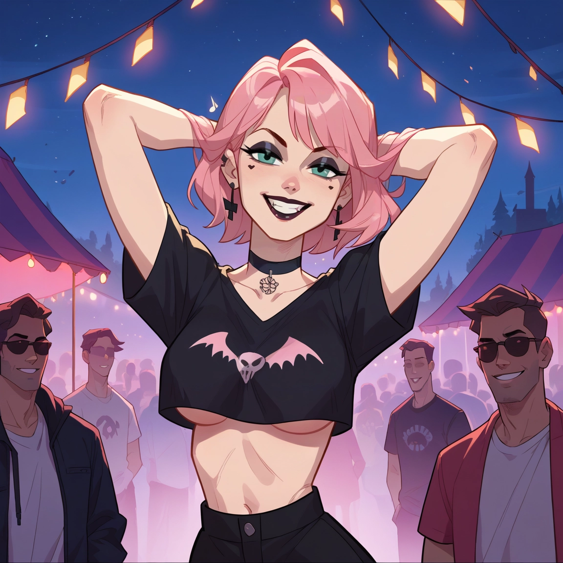 breasts, pink hair, 1girl, underboob, choker, sunglasses · Yamete.gg