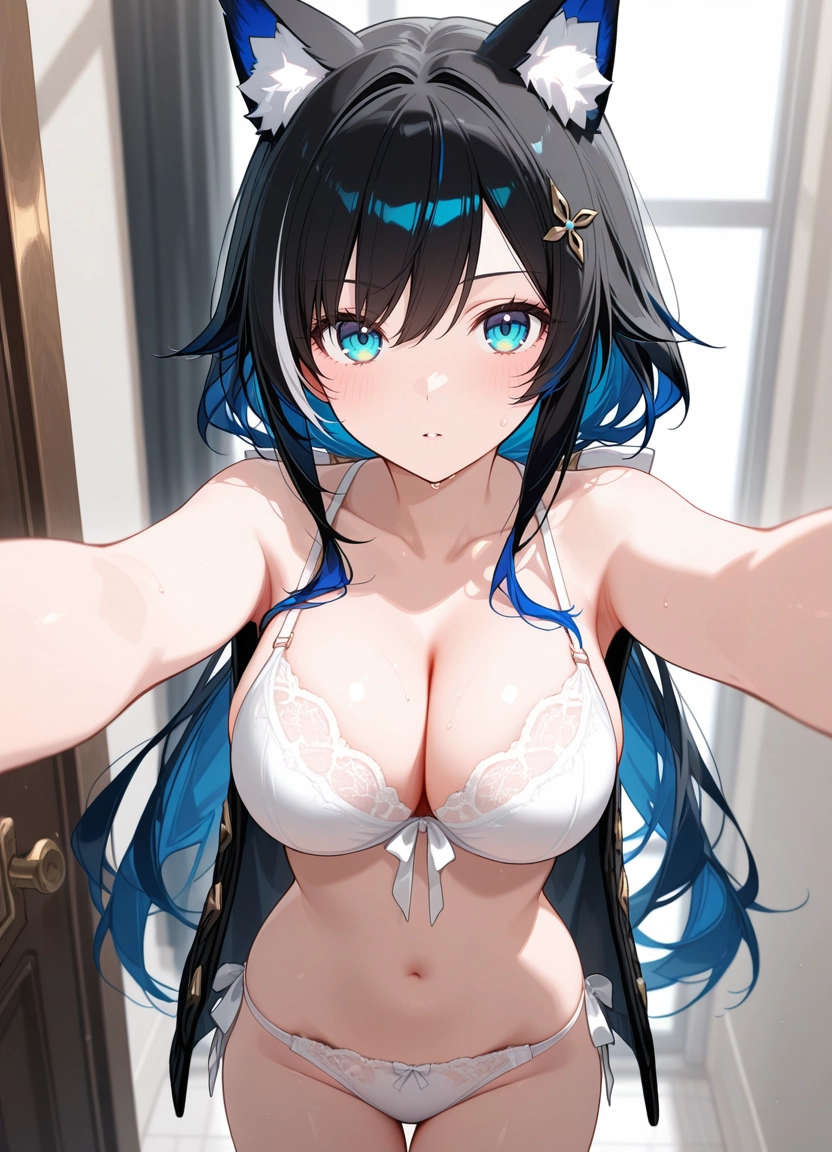 1girl, breasts, solo, navel, multicolored hair, looking at viewer · Yamete.gg