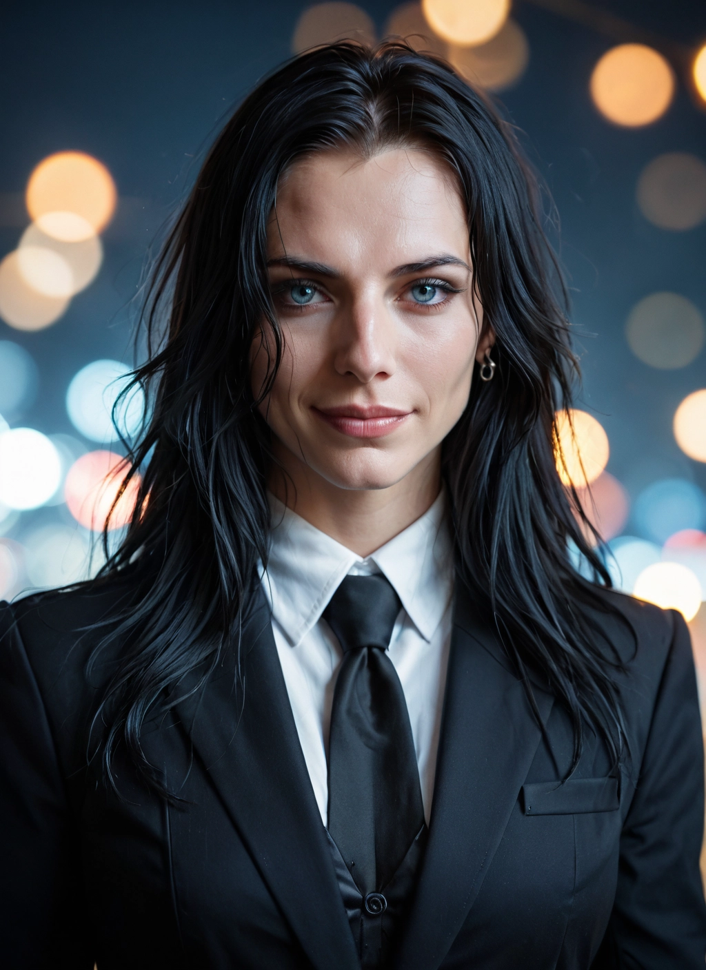 1girl, solo, necktie, jewelry, black hair, earrings · Yamete.gg