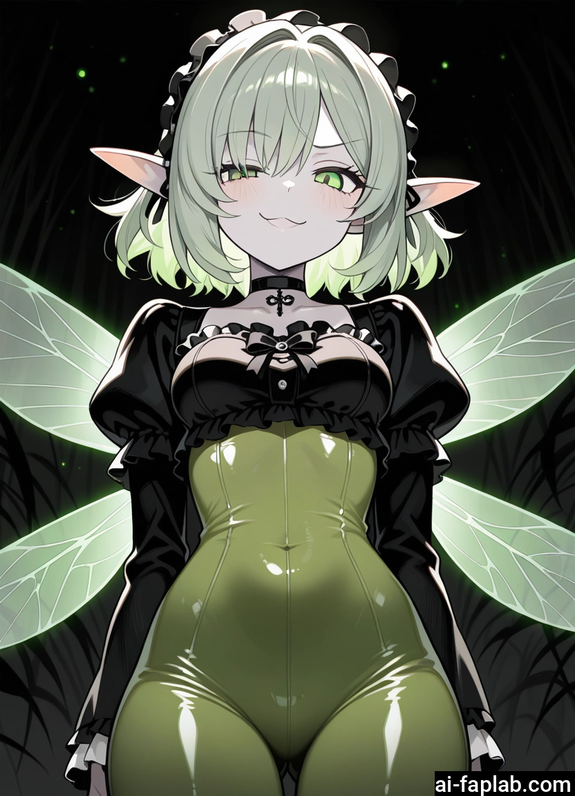 1girl, solo, green eyes, wings, pointy ears, breasts