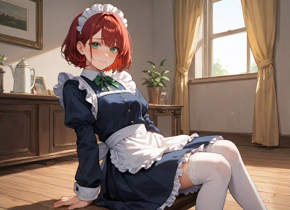 1girl, solo, thighhighs, maid, green eyes, indoors · Yamete.gg