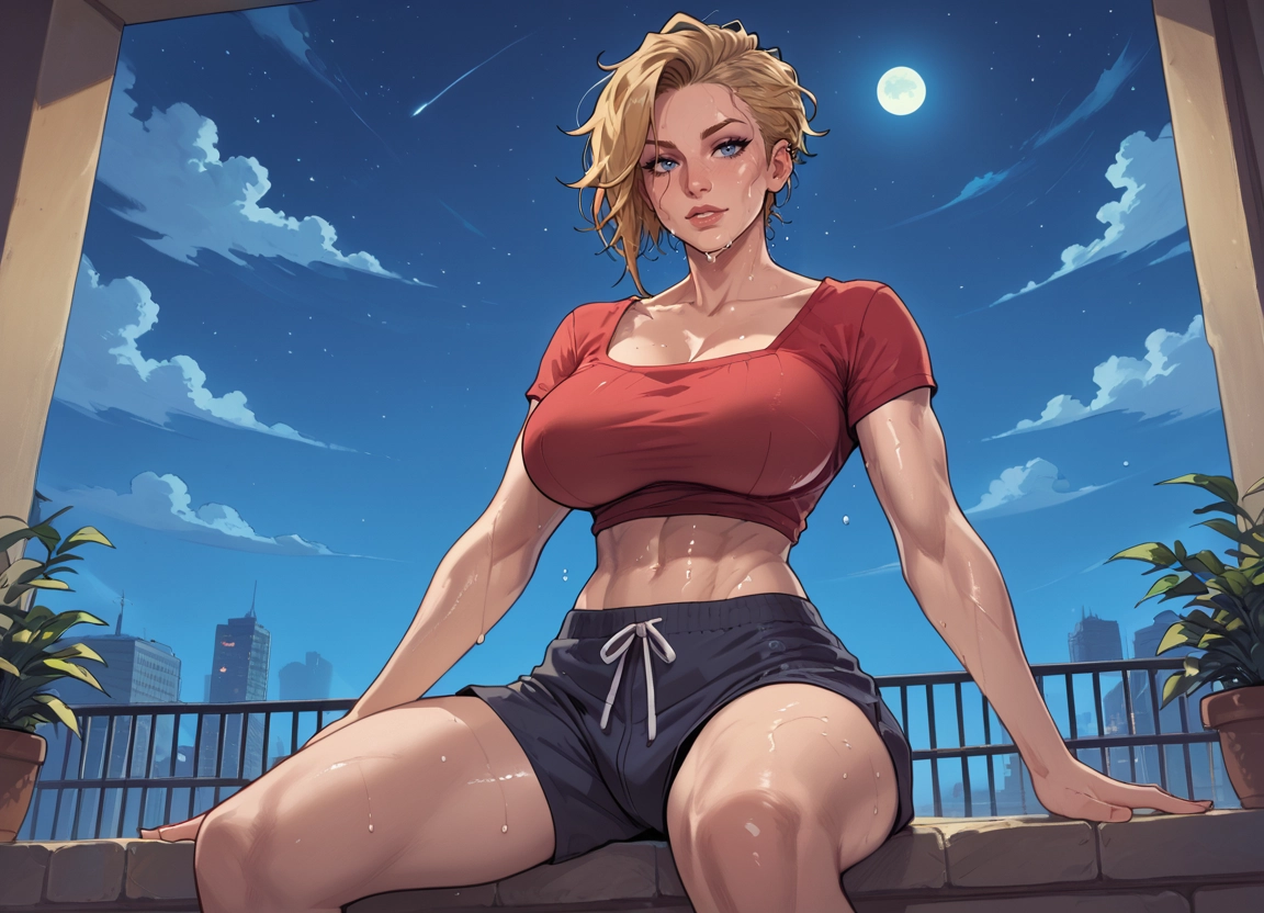 1girl, breasts, shorts, solo, sweat, blonde hair · Yamete.gg