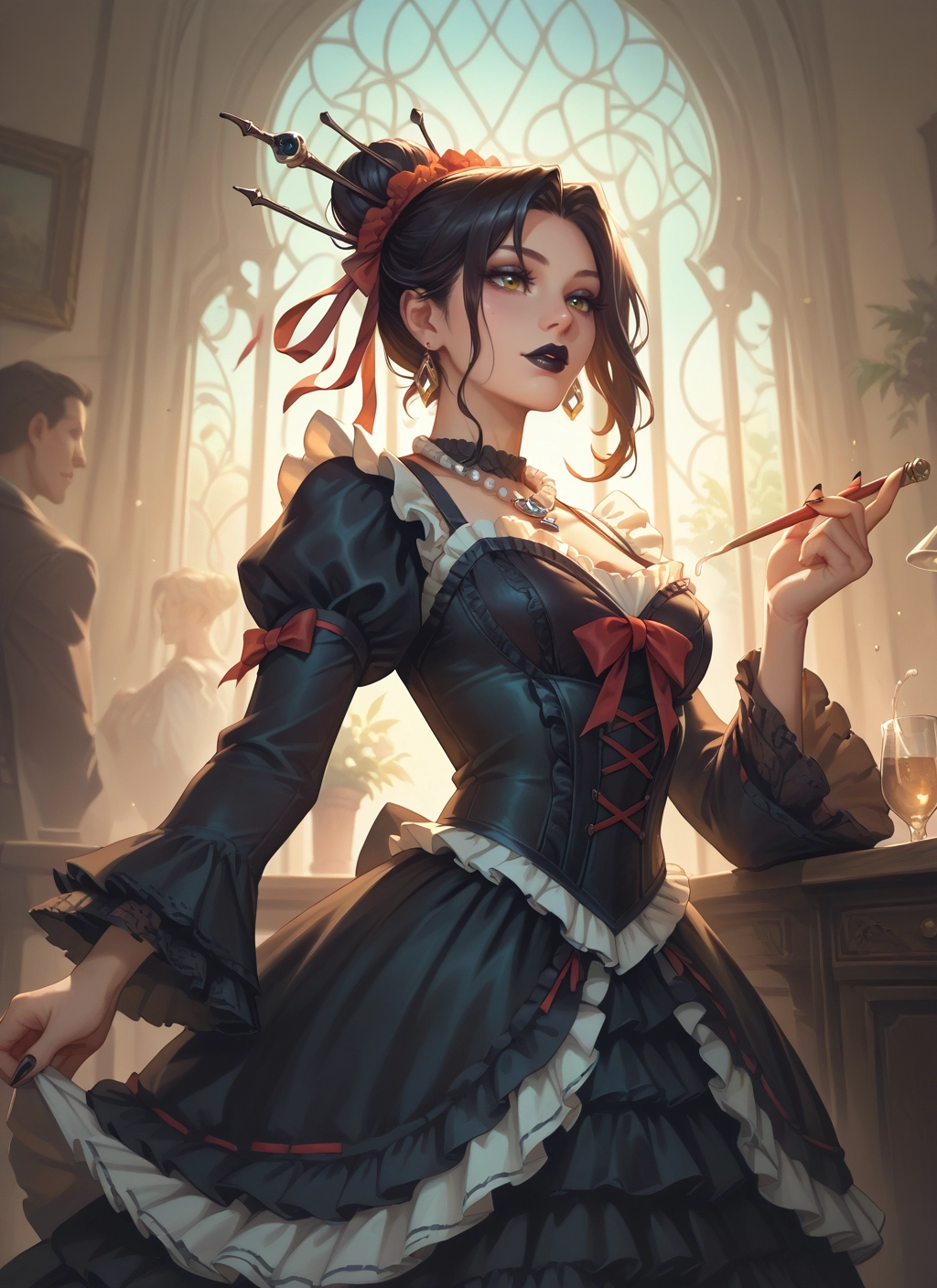 dress, jewelry, black lips, makeup, earrings, hair ornament · Yamete.gg