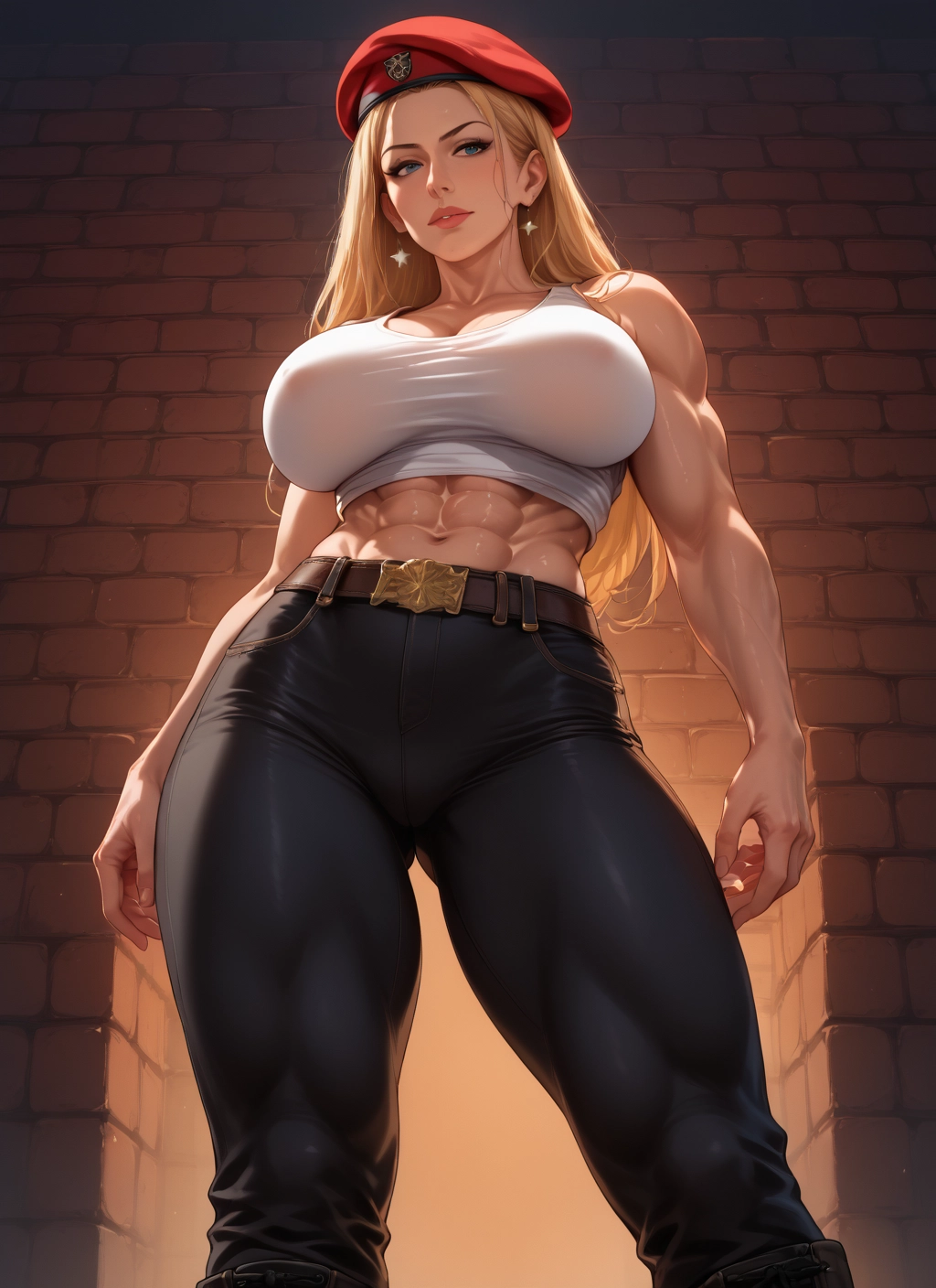 1girl, breasts, hat, muscular, blonde hair, abs · Yamete.gg