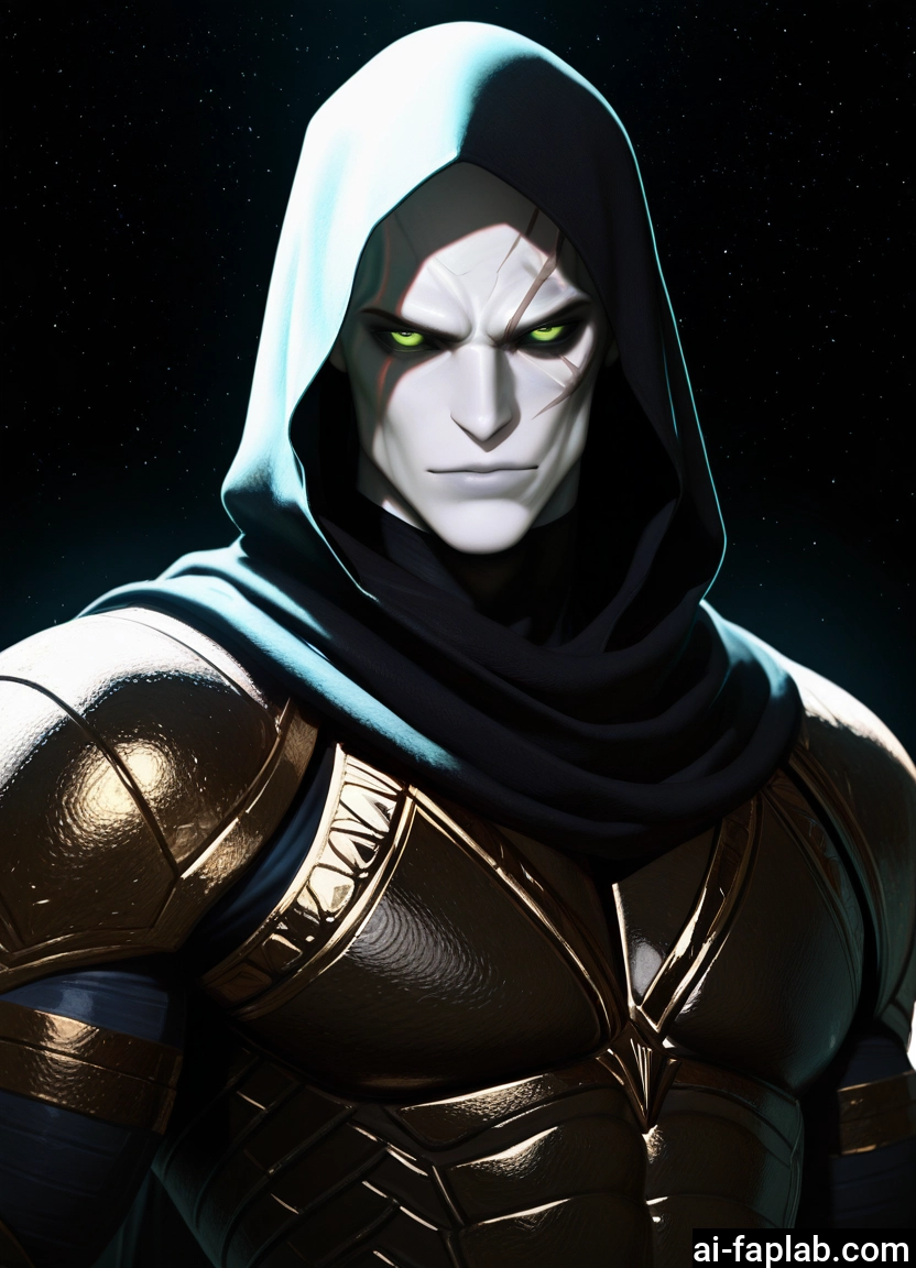 1boy, male focus, solo, armor, hood, green eyes