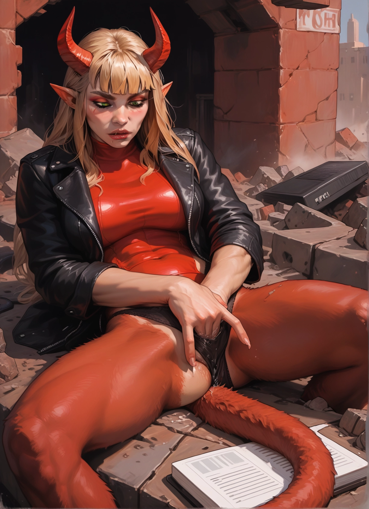 1girl, horns, tail, solo, jacket, green eyes · Yamete.gg