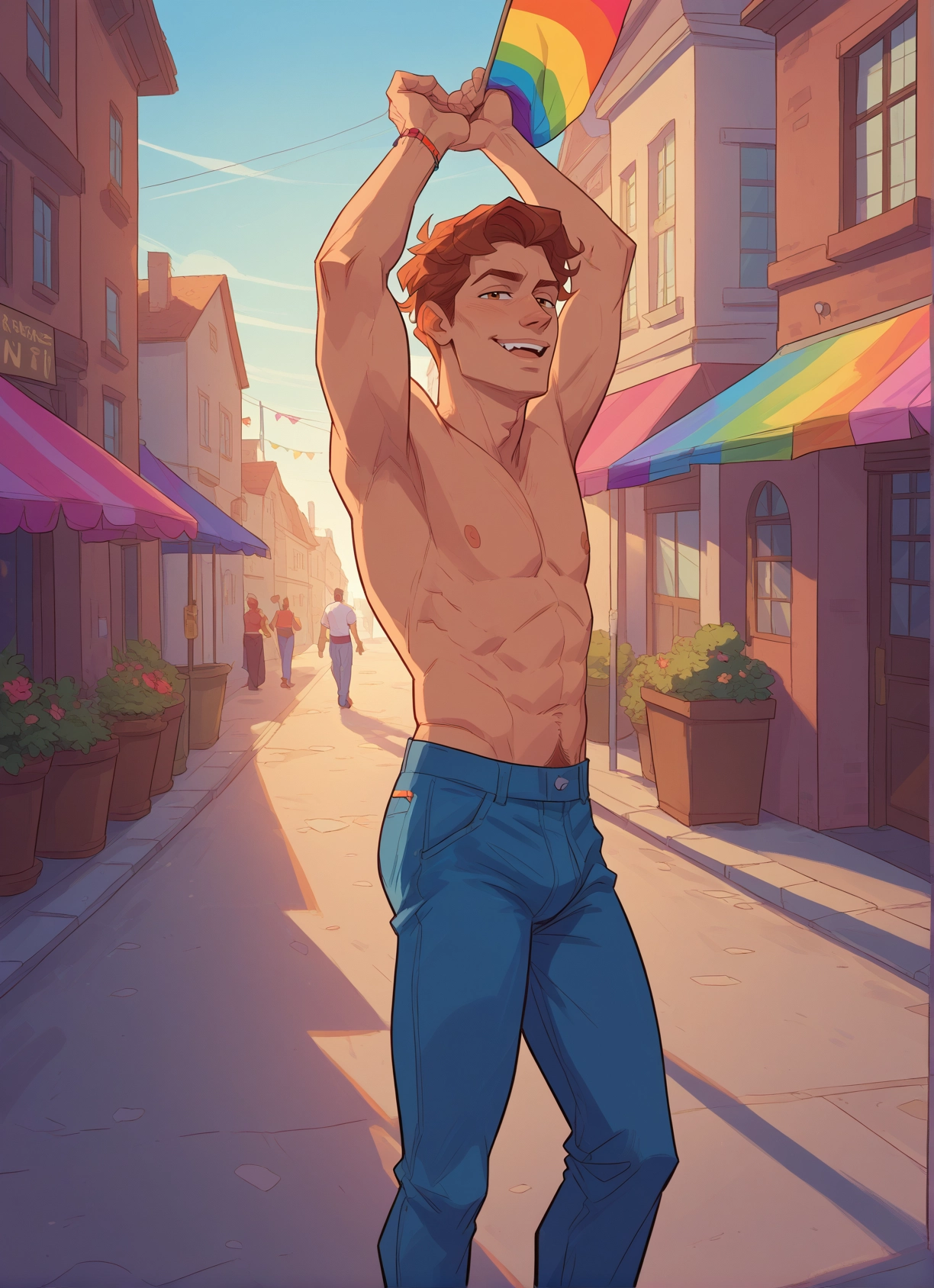 bara, male focus, topless male, pants, nipples, abs · Yamete.gg