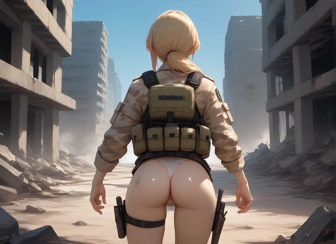 1girl, holster, ass, solo, blonde hair, underwear