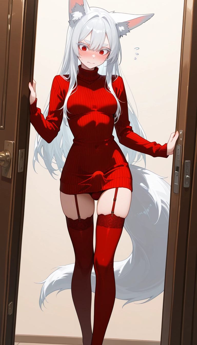 futanari, 1girl, solo, animal ears, red eyes, thighhighs · Yamete.gg