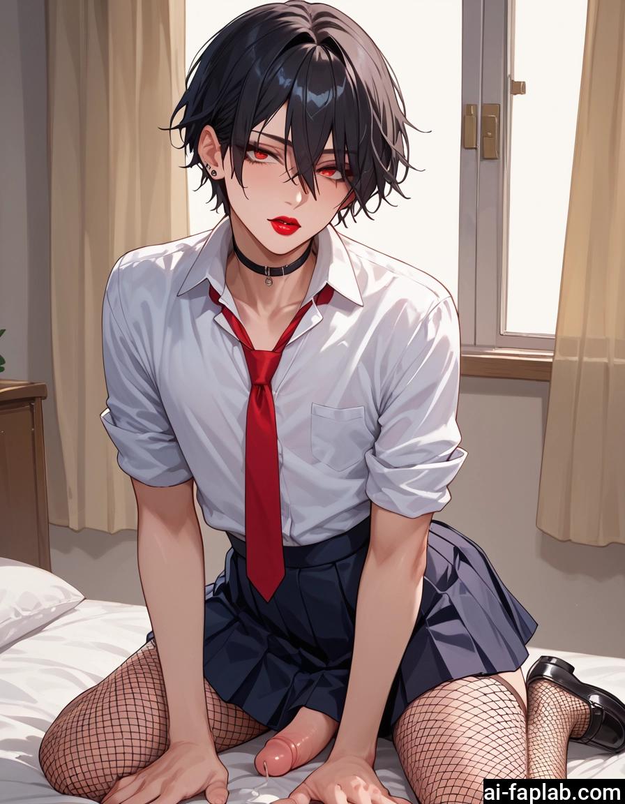 penis, skirt, 1boy, male focus, fishnets, red eyes · Yamete.gg