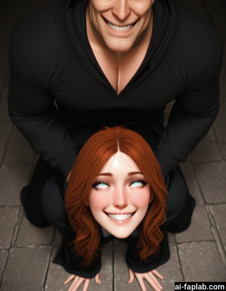 1girl, 1boy, smile, chest hair, brown hair, breasts