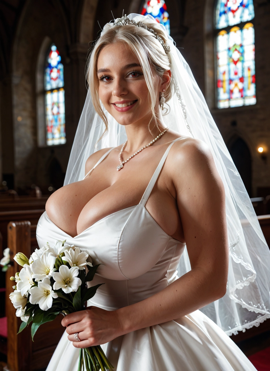 1girl, breasts, dress, flower, jewelry, wedding dress · Yamete.gg