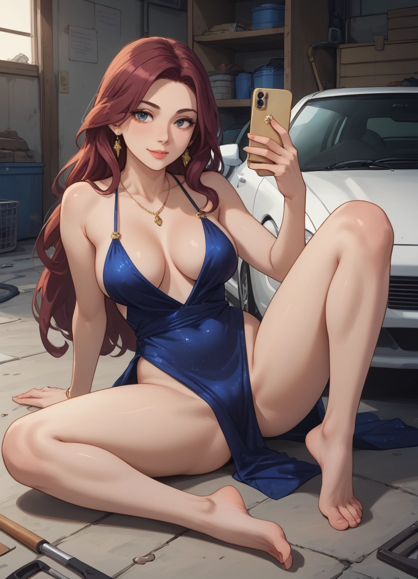 1girl, breasts, jewelry, phone, dress, earrings · Yamete.gg