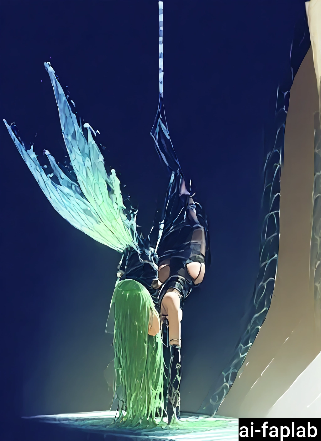 1girl, long hair, wings, green hair, solo, gloves · Yamete.gg