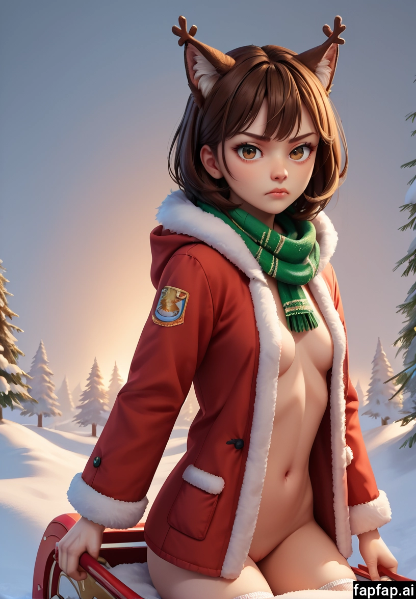 1girl, solo, animal ears, scarf, brown hair, breasts · Yamete.gg
