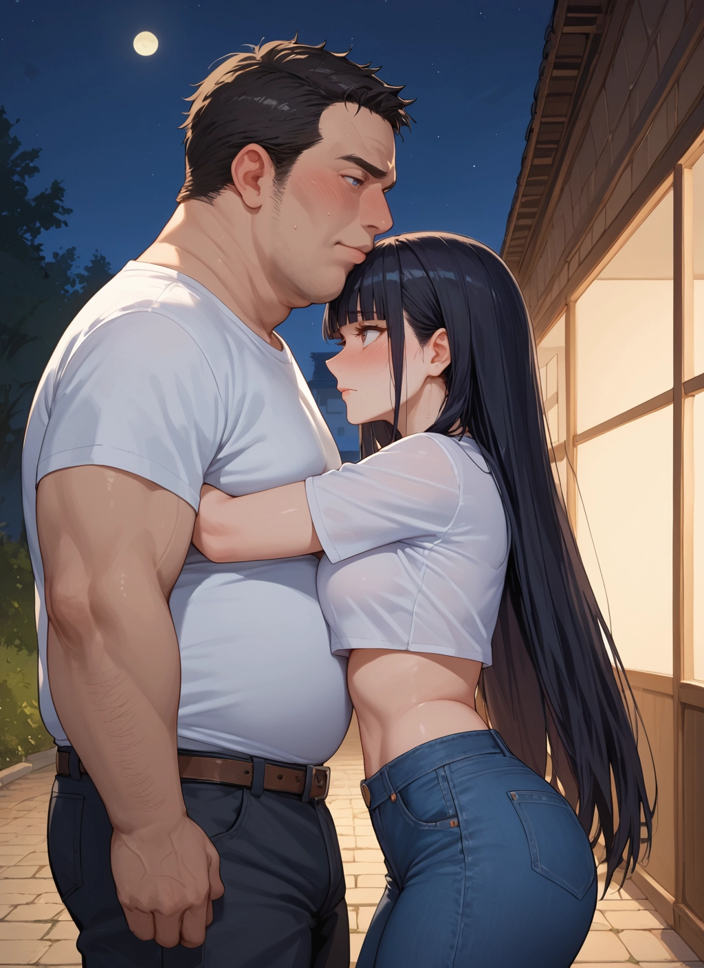 1girl, 1boy, long hair, black hair, breasts, pants · Yamete.gg