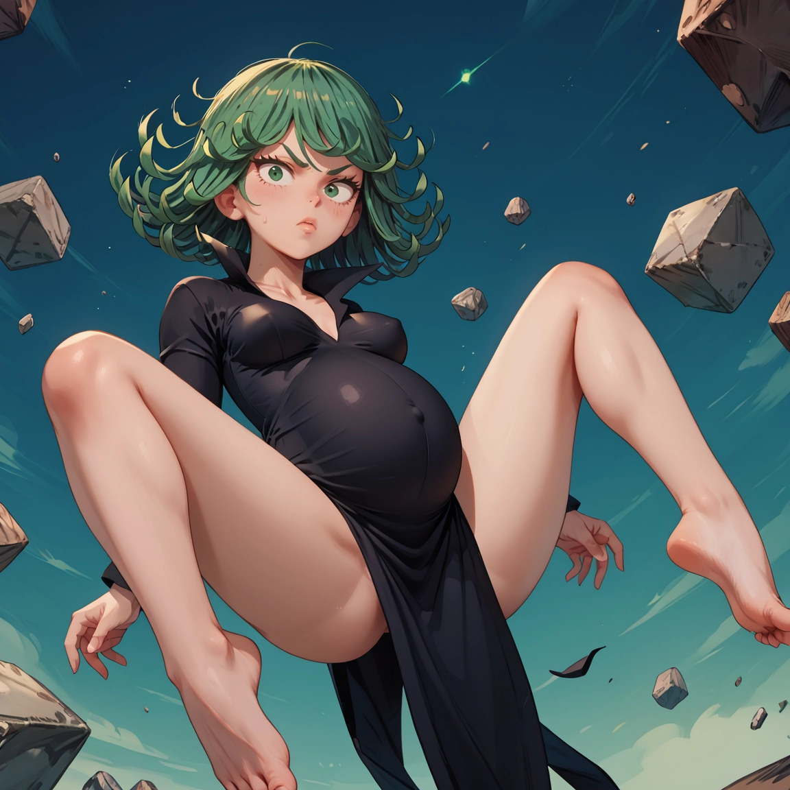 1girl, barefoot, green eyes, dress, solo, green hair · Yamete.gg