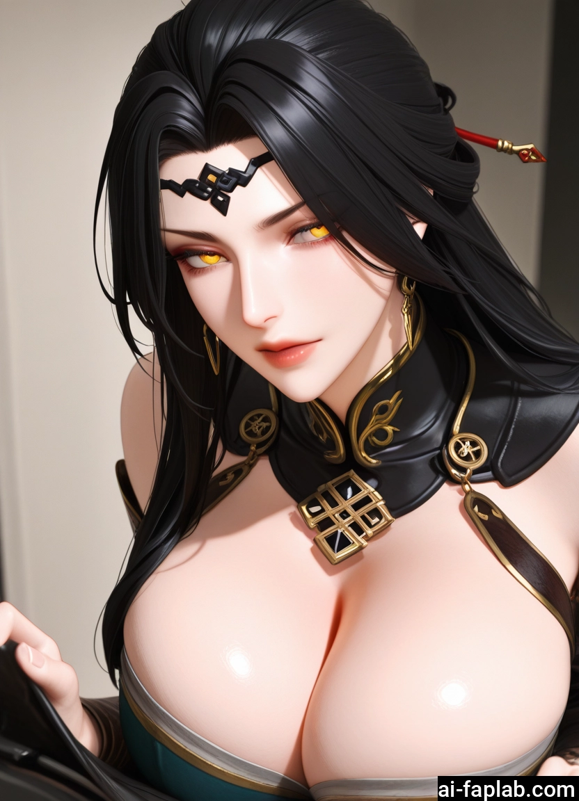breasts, 1girl, cleavage, black hair, yellow eyes, large breasts · Yamete.gg