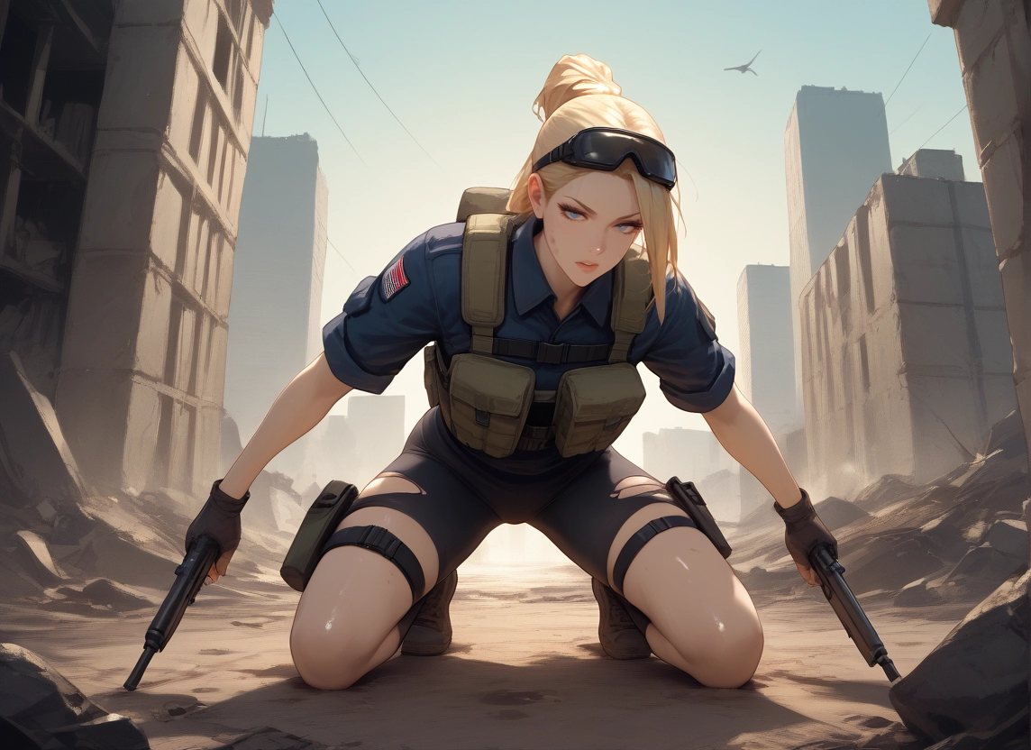 1girl, weapon, gun, solo, blonde hair, blue eyes