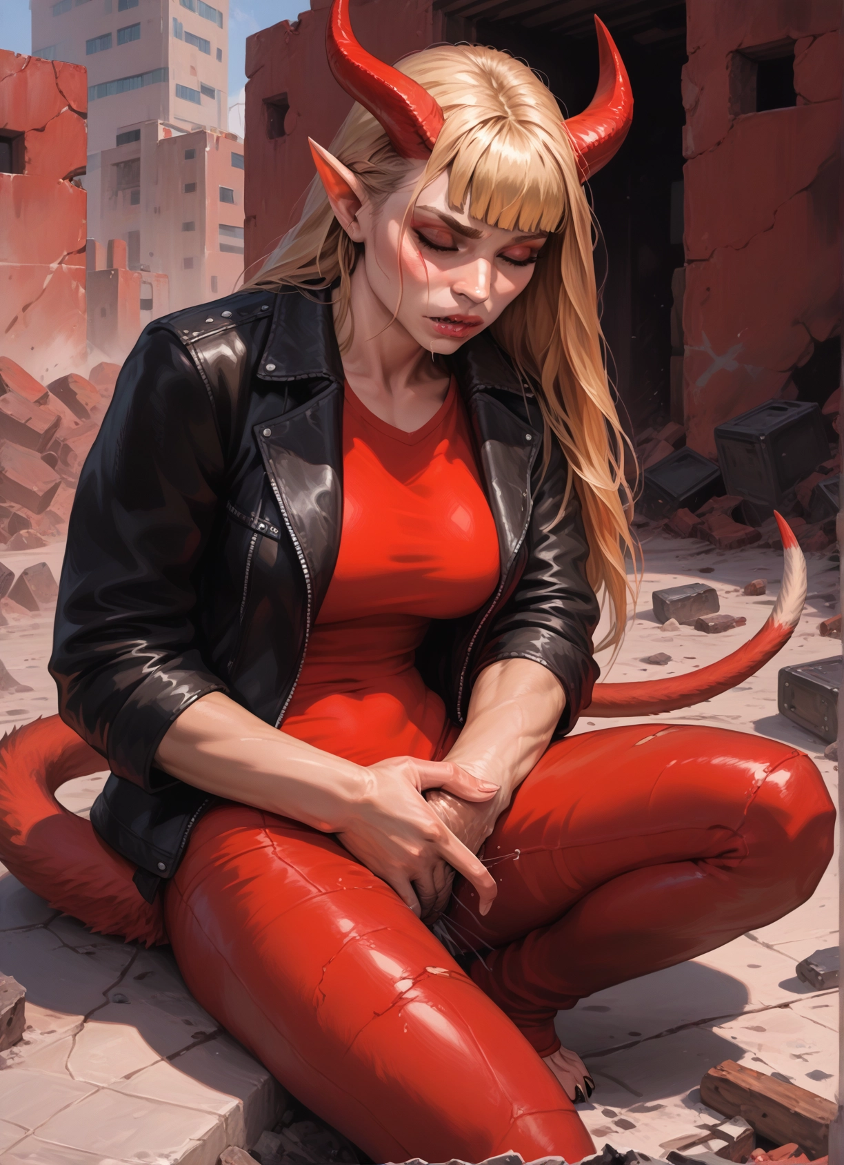 1girl, horns, tail, blonde hair, jacket, solo · Yamete.gg