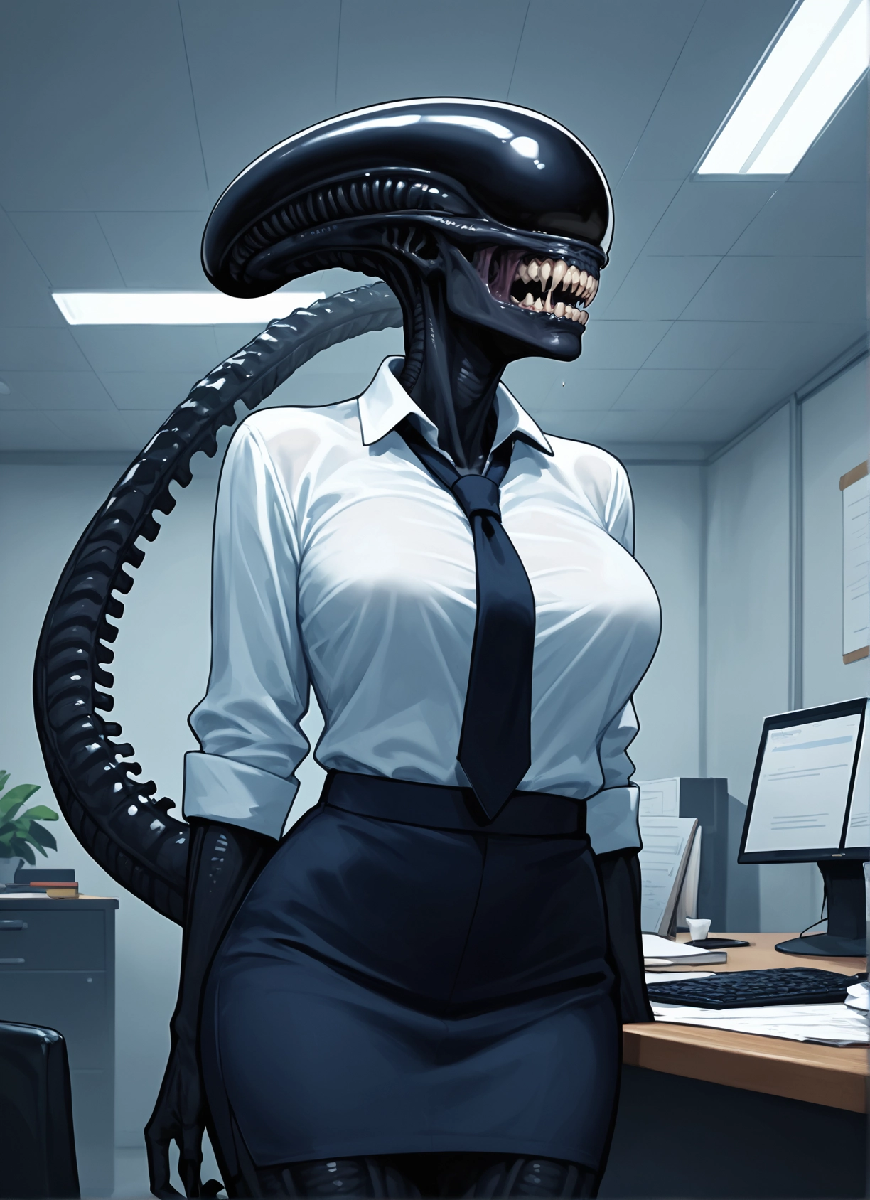 1girl, necktie, skirt, breasts, shirt, teeth · Yamete.gg