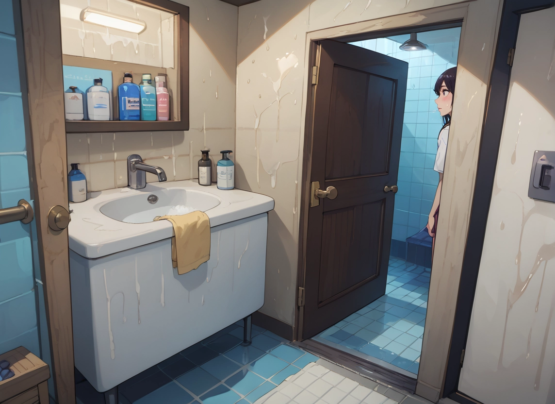 1girl, solo, sink, bathroom, indoors, door