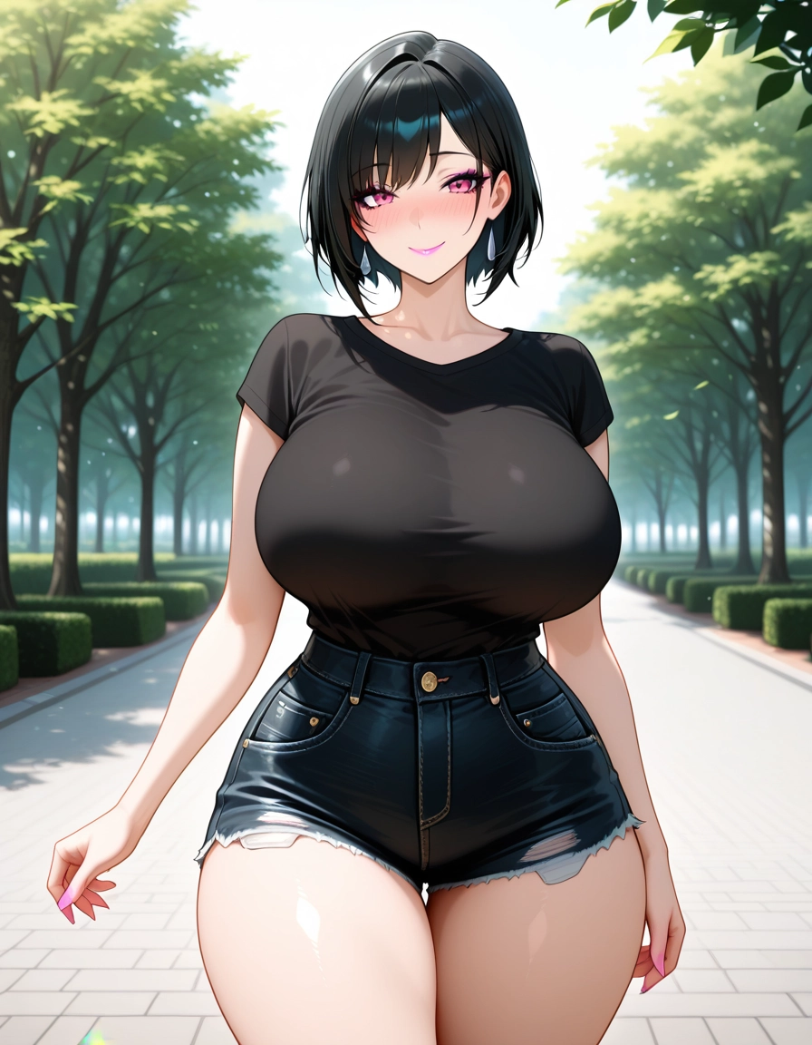1girl, breasts, solo, shirt, black hair, shorts · Yamete.gg